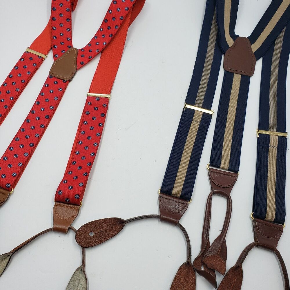 Vintage Lot of Two Suspenders Braces Navy Beige Stripe CAS Germany Geometric Red
